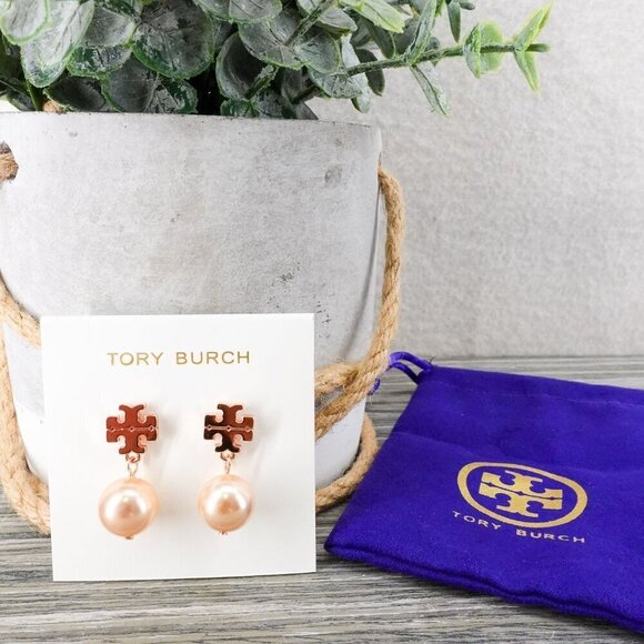 Tory Burch Faux Pearl Logo Drop Earrings Rose Gold OS - Picture 2 of 12